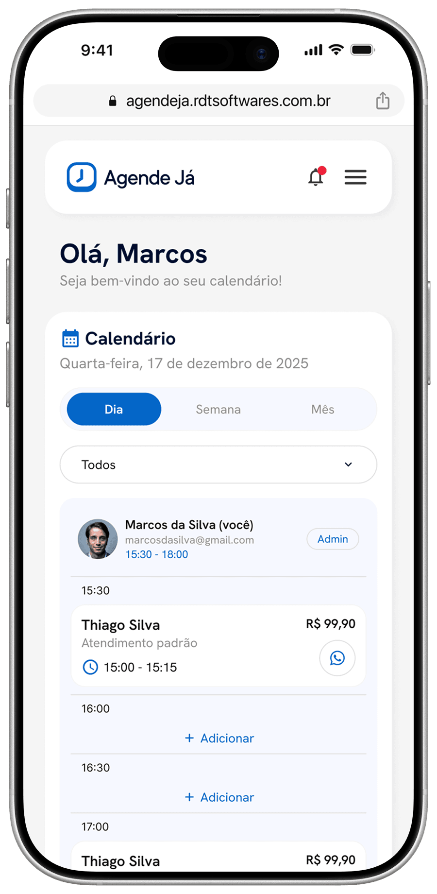 Agende Já no celular — calendário do dia