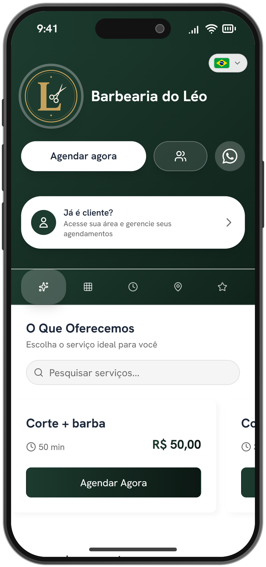 A página de agendamento da Barbearia do Léo