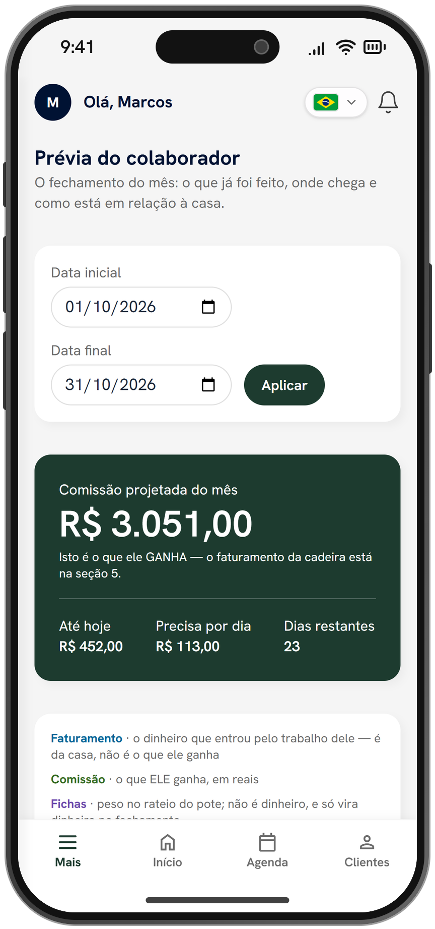 A prévia de comissão do mês de um barbeiro